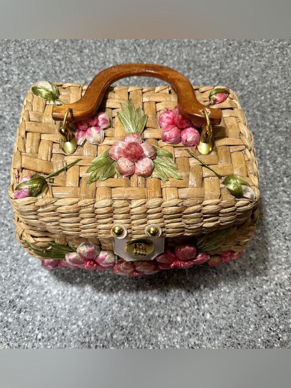 Vintage Woven Straw Basket Box Purse Handbag Wood Handle Raffia Flowers 10x6” - Picture 6 of 10